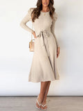 Round Neck Long Sleeve Tie Waist Knit Midi Dress