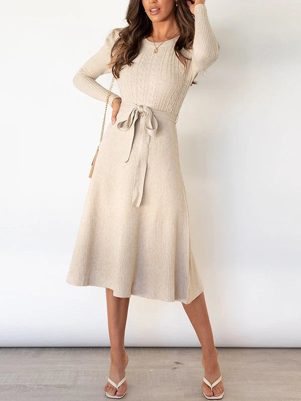 Round Neck Long Sleeve Tie Waist Knit Midi Dress