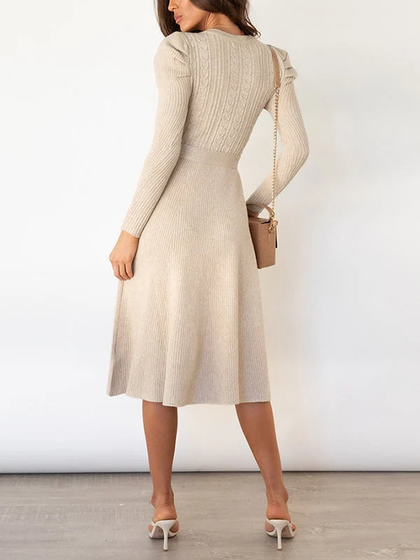 Round Neck Long Sleeve Tie Waist Knit Midi Dress
