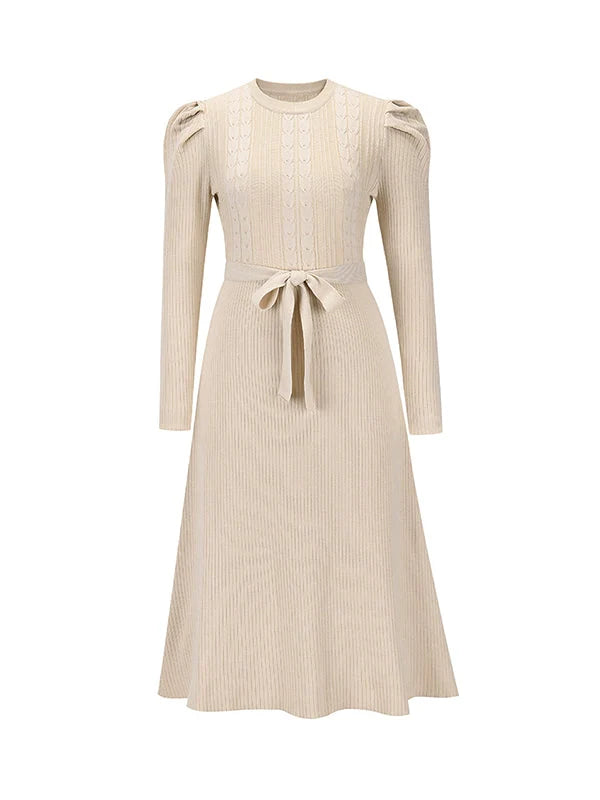 Round Neck Long Sleeve Tie Waist Knit Midi Dress