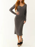 V Neck Long Sleeve Soft Knit Midi Dress