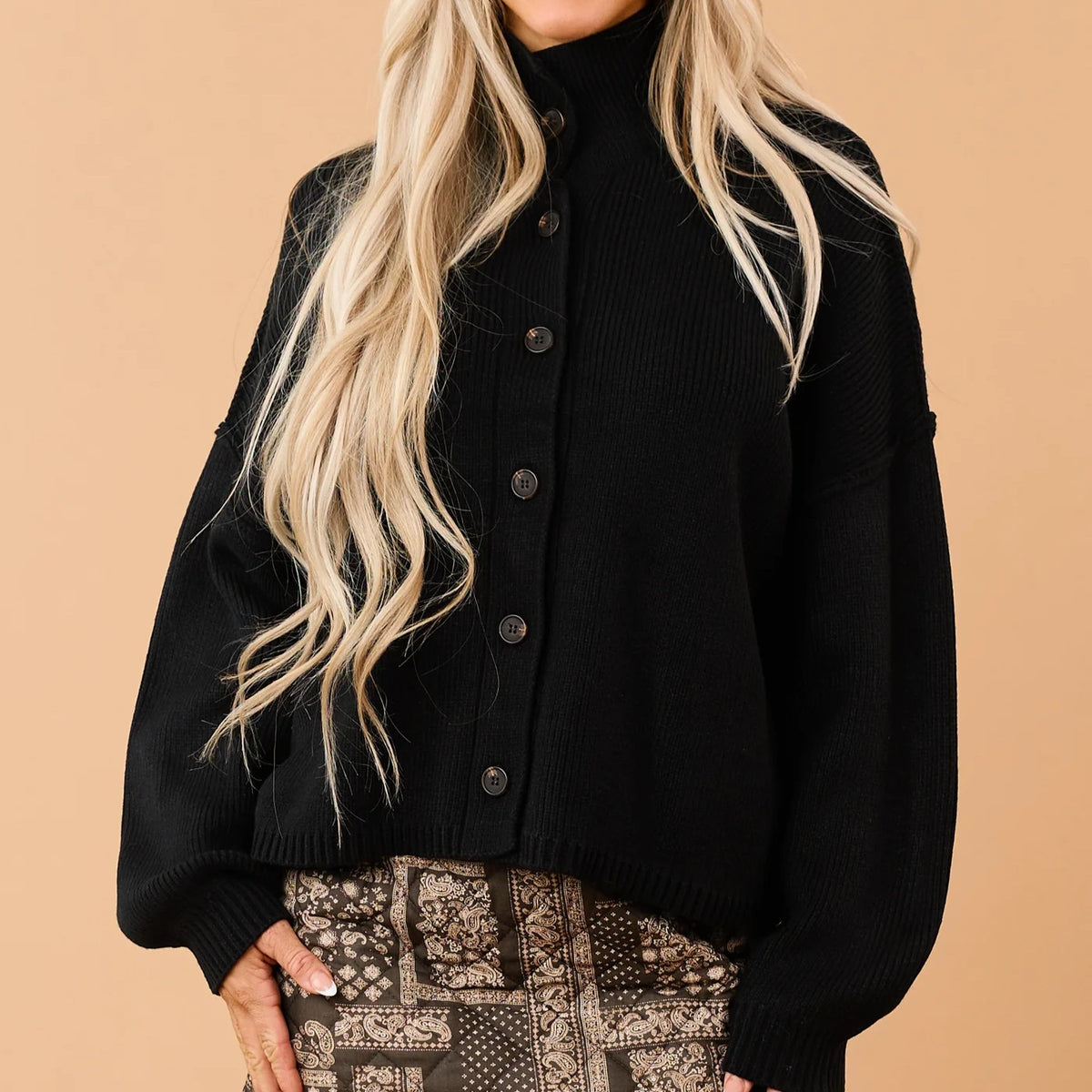 Mock Neck Button Down Rib Knit Cardigan